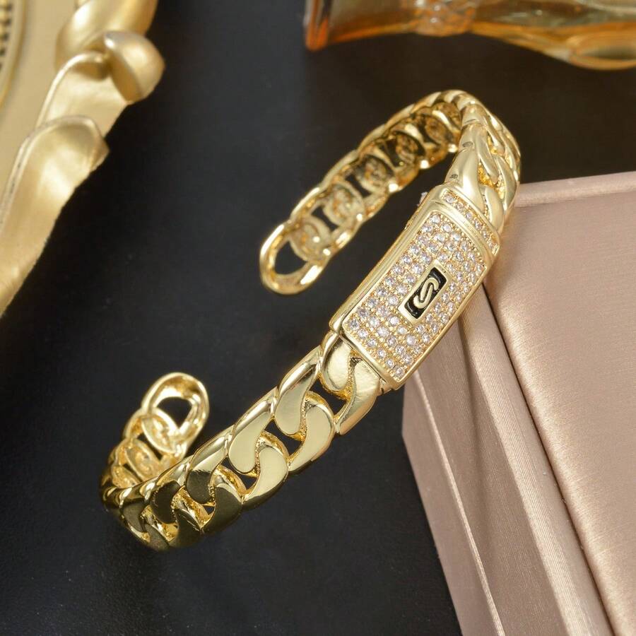 Fashionable Luxurious 18K Gold-Plated Zirconia Copper Bracelet, Suitable For Both Men Women, Suitable For Daily Party Wear, Hip-Hop Gift Jewelry - Gold - View 1