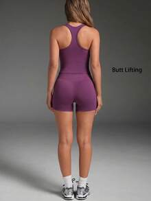 Women's Casual Sports 2 Pieces Set, Detachable Padding Racerback Sleeveless Top, High-Waisted Slim-Fit Butt-Lifting Cycling Shorts, Suitable For Gym And Daily Wear - Burgundy - View 8