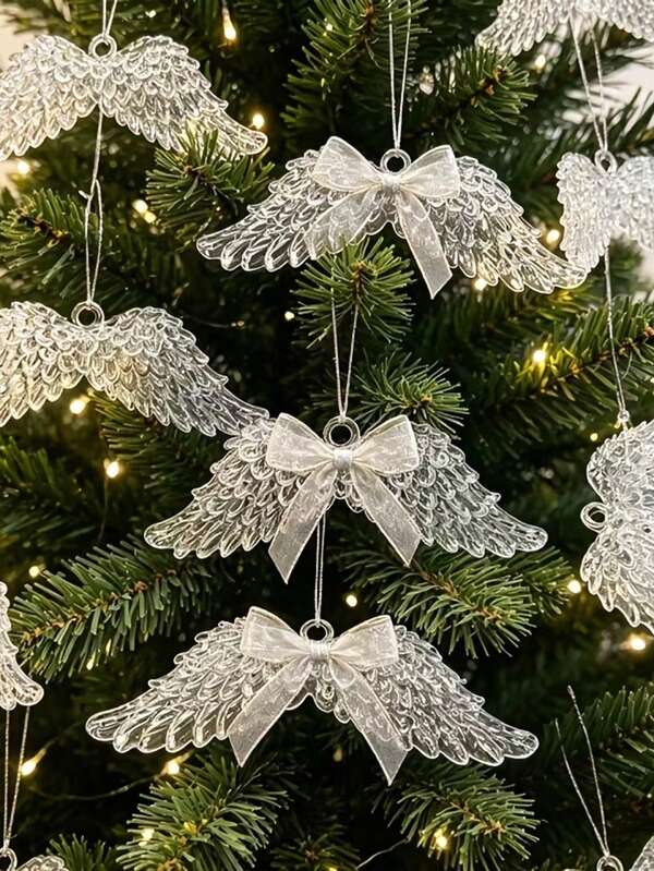 10-Piece Christmas Ornament Set, Including A Clear Angel Wing Crystal Pendant, With Ribbon And Silver Thread. Suitable For Christmas Trees, Party Decorations, DIY Holiday Decorations, Home Decor, New Year's Decorations, And Window Displays.