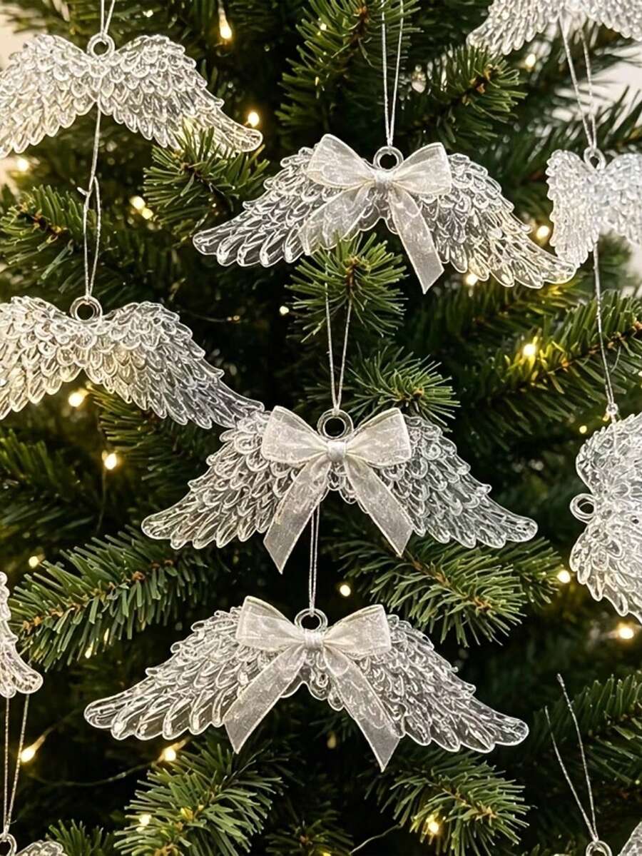 10-Piece Christmas Ornament Set, Including A Clear Angel Wing Crystal Pendant, With Ribbon And Silver Thread. Suitable For Christmas Trees, Party Decorations, DIY Holiday Decorations, Home Decor, New Year's Decorations, And Window Displays. - Multicolor - View 1