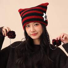 Yabby Style Handmade Cute Five-Star Cat Ear Striped Knitted Protective Headwear Women Ear Protection Windproof Woolen Hat - A - View 8