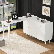 2-In-1 Multifunctional Desk And Sideboard – 360° Swivel, 3 Doors 1 Drawer – Elegant Computer Desk, Corner Desk, Vanity, Desk, Sideboard - White - View 6