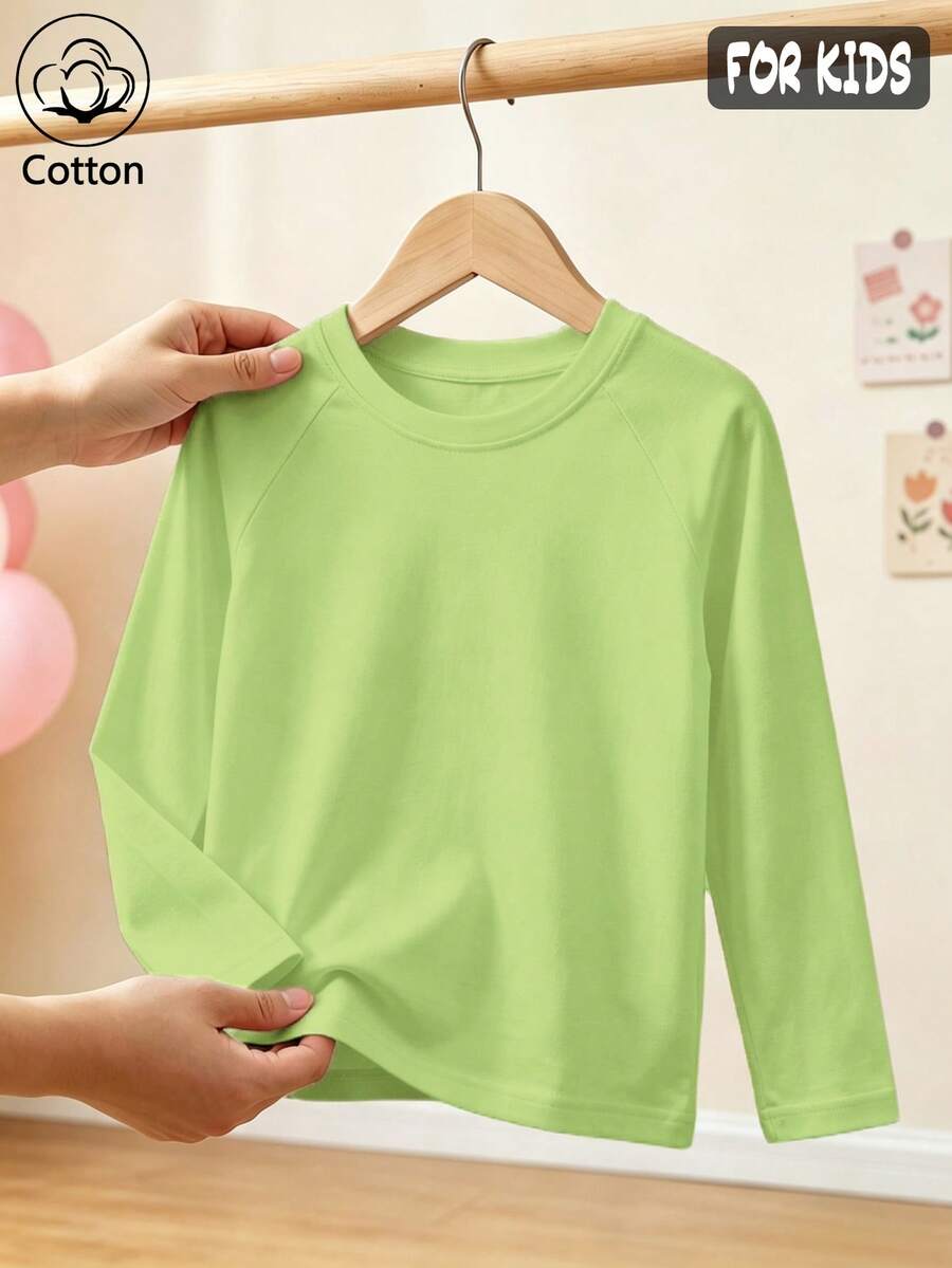 Autumn/Winter Ribbed Cotton Long Sleeve Top For Girls, Casual Sporty College Style - Fruit Green - View 1