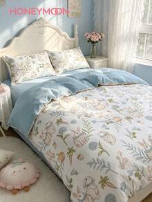 HONEYMOON Rabbit Print Duvet Cover Set (2pcs = 1 Duvet Cover + 1 Pillowcase; 3pcs = 1 Duvet Cover + 2 Pillowcases); 100% Polyester Digital Print Fabric, Soft And Breathable, Wrinkle-Resistant, Pillowcase Does Not Include Pillow Insert (No Comforter); Suitable For Home And Dorm, T F Q K Sizes - Multicolor - View 1