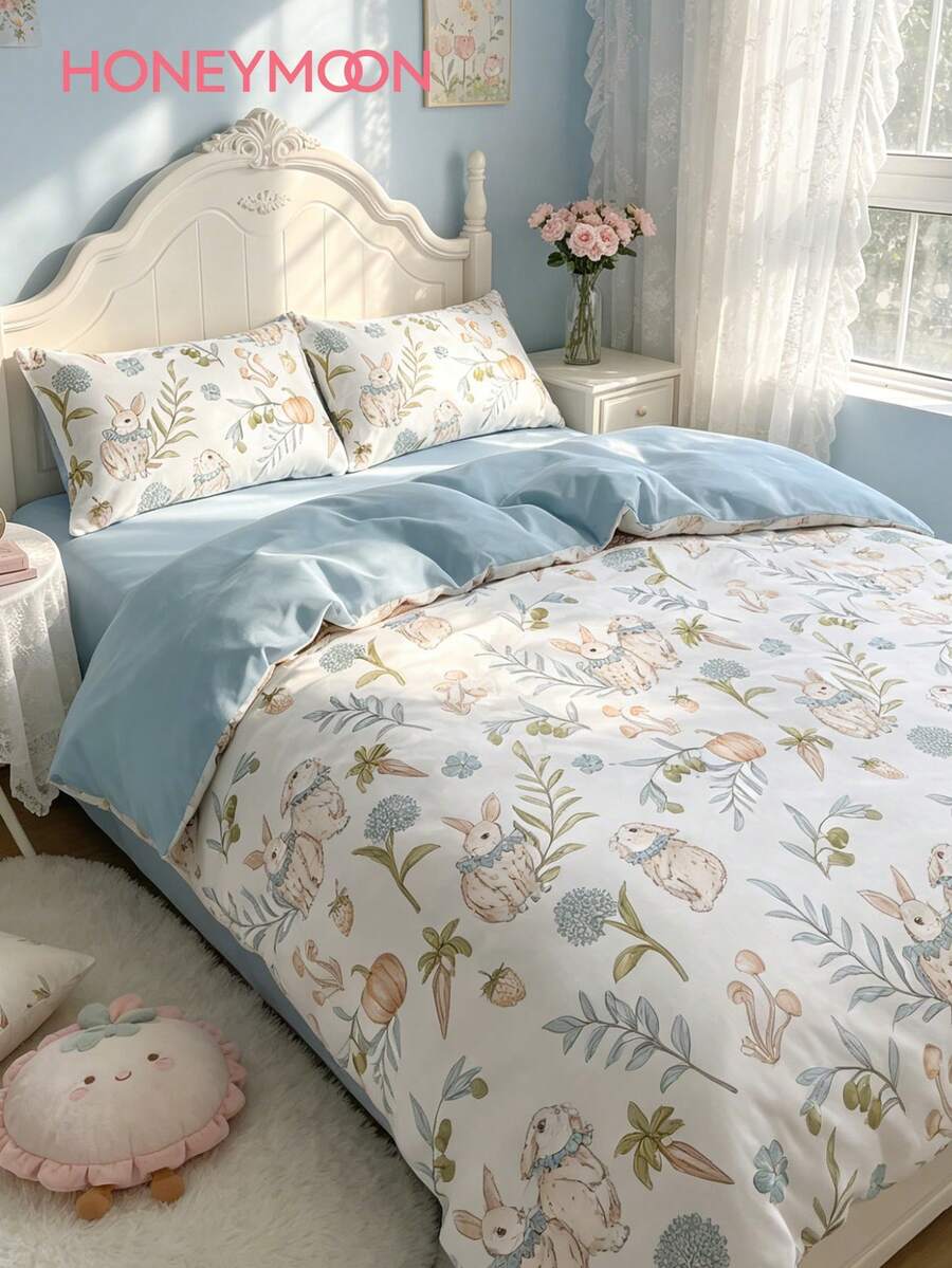 HONEYMOON Rabbit Print Duvet Cover Set (2pcs = 1 Duvet Cover + 1 Pillowcase; 3pcs = 1 Duvet Cover + 2 Pillowcases); 100% Polyester Digital Print Fabric, Soft And Breathable, Wrinkle-Resistant, Pillowcase Does Not Include Pillow Insert (No Comforter); Suitable For Home And Dorm, T F Q K Sizes - Multicolor - View 1