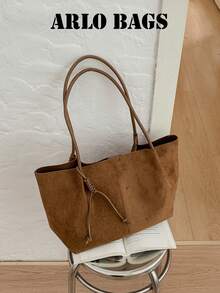 Vertical Split Line Woven Twist Drawstring Decor Tote Bag With Shoulder Strap, Large Capacity Soft Tote Style, Shoulder Handbag With Woven Drawstring Closure, Vintage Korean Minimalist Relaxed Commuter Style, Suitable For Women, Office Workers, Students, Commuting, Shopping, Travel - Brown - View 4