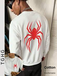 Men's Autumn Crew Neck Lightweight T-Shirt T-Shirt, Red Spider Pattern, Long Sleeve, Y2K Style - White - View 3
