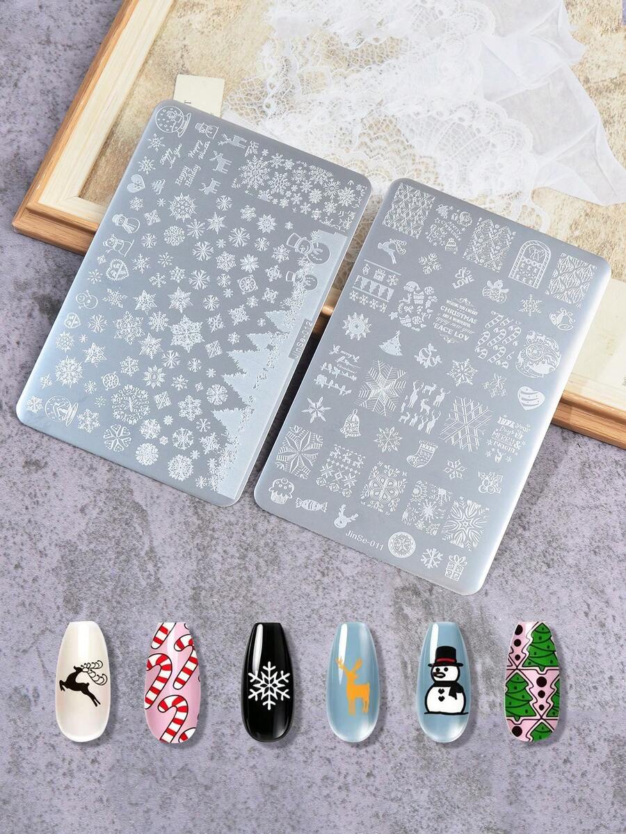 2入不鏽鋼聖誕雪花美甲印花板,聖誕元素美甲轉印模板 DIY 美甲工具 - 銀色 - 查看 1