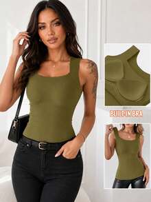 ChicMe Women's Seamless Sleeveless Square Neck Camisole With Built-In Padding, High Elasticity Slim Fit Casual Basic Undershirt - Olive Green - View 4