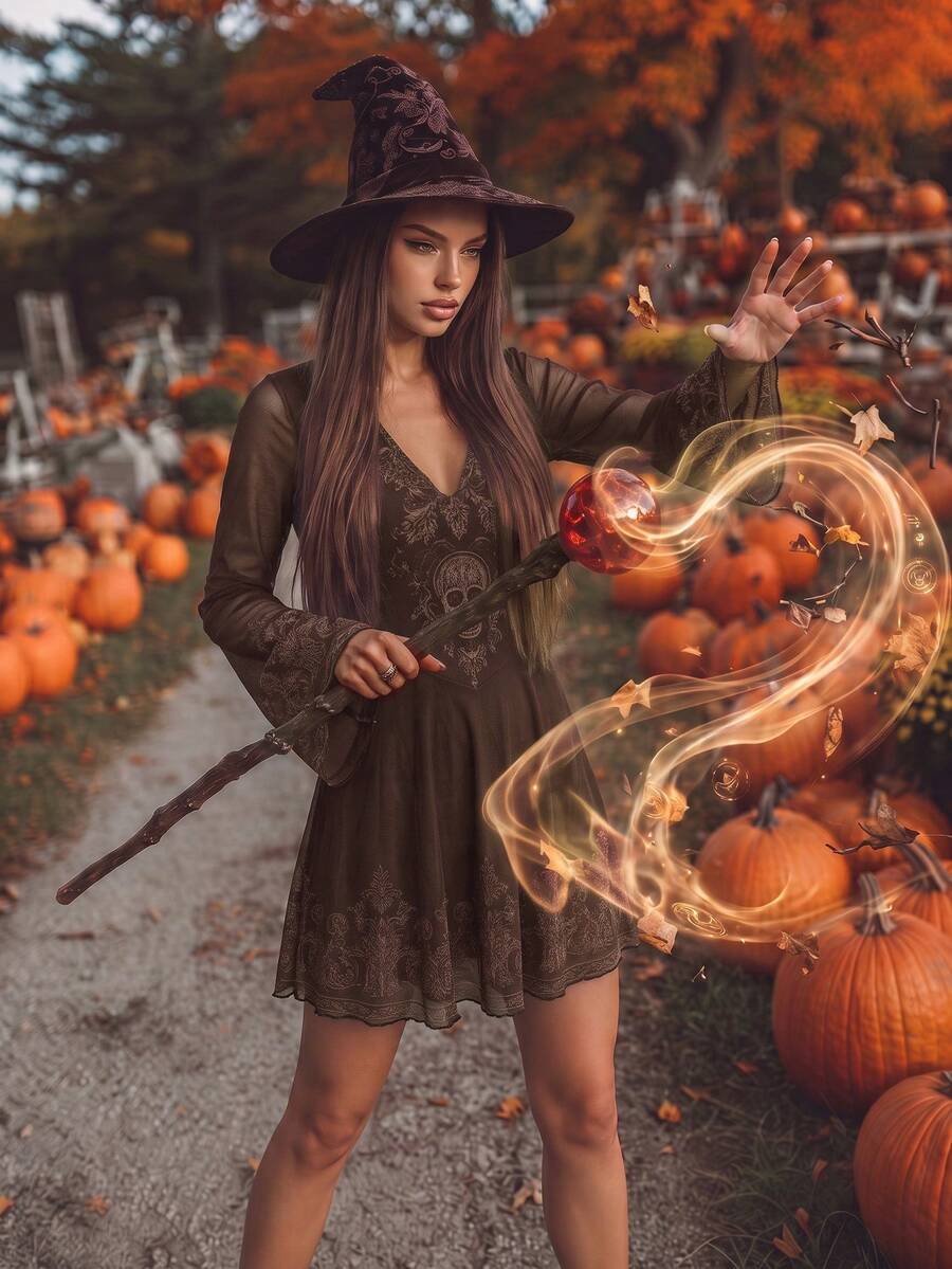 2027.Women's Gothic Elegant Black Halloween Witch Long-Sleeve Mini Dress With Mesh Print