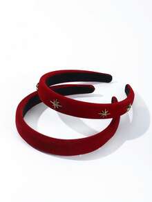 1PC/2PCS 2cm Wide Women's Solid Color Autumn/Winter Velvet Five-Point Star Wide Band Sponge Padded Non-Slip Headband, Versatile Hair Accessory For Daily/Date/Commute - Red - View 4