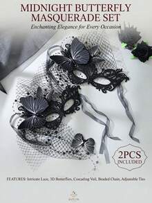 2pcs Gothic Black Lace Butterfly Masquerade Mask Set With Tulle Veil, Halloween Costume Party Hair Accessory Photo Prop - Black - View 3