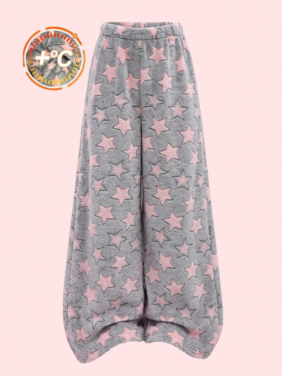 Autumn/Winter Girls' Fashion Warm Star Pattern Double-Sided Velvet Pants, Suitable For Home Leisure Wear, Girls' Pajama Pants - Grey - View 1