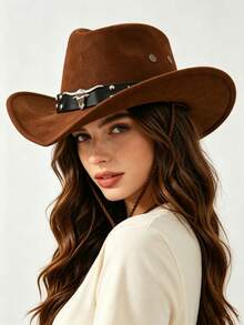 Women Western Cowboy Hat, Retro Wide Brim Cowgirl Hat With Metal Bull Head Rivet Decor, Wind Rope Adjustable Faux Suede Party Travel Festival Sun Hat - Folded Three-strand Rope Cowhide Hat - View 1
