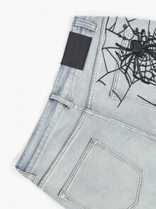 男士時尚街頭嘻哈風蜘蛛網刺繡直筒寬鬆大寬腿牛仔褲，附裝飾後口袋設計 - 藍色 - 查看 9