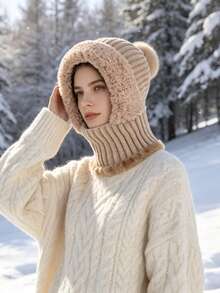 JOYLORD 1pc Women's Winter Knitted Hat Scarf Mask All-In-One Cap, Windproof Thermal Lined Warm Woolen Hat For Cycling - Hooded Bodysuit - View 8