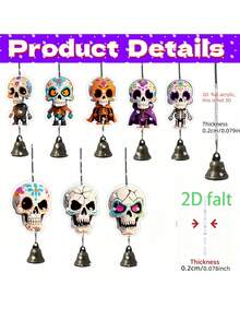 8 Peças Sinos de Vento com Caveira Pintada do Dia dos Mortos & Halloween, Decoração de Bruxa de Abóbora, Uso Interno/Externo, Som Nítido e Agradável, Adequado para Quintal, Fazenda, Festa ou como Presente - Vários estilos - Visão 6