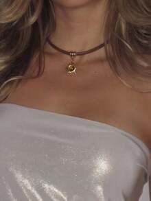 4pcs Luxury Fashion Maillard Color Geometric Oval Sun Tiger Eye Stone Multi-Layer Women's Necklace, Best Autumn/Winter Accessory Necklace, Great Gift (Pendant Texture Random) - Gold - View 4