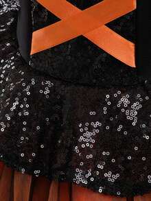 Young Girls Puff Sleeve Black Sequin Contrast Mesh Halloween Party Princess Dress With Train, Suitable For Prom, Does Not Include Headband And Bag - Orange - View 8