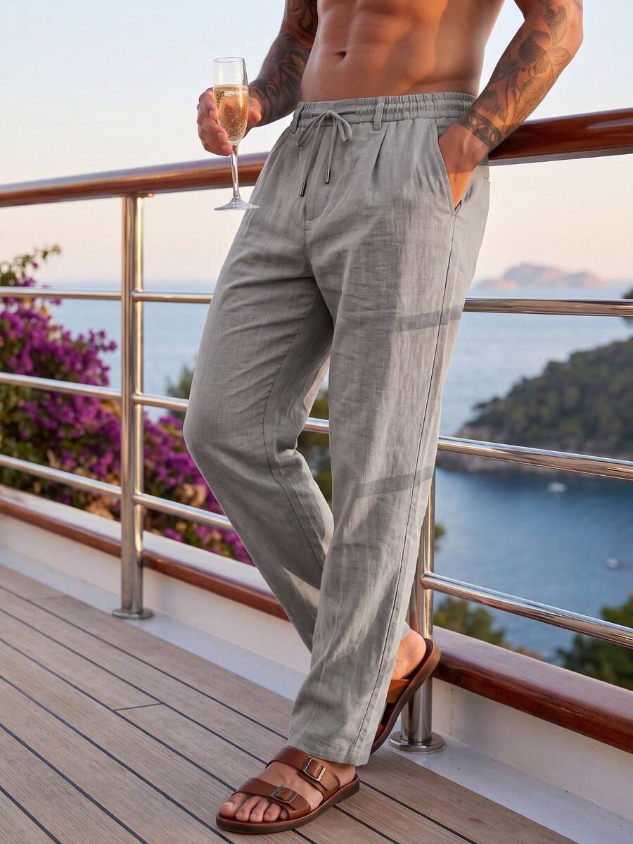 Herren Frühling/Sommer dünne atmungsaktive Hip-Hop Leinen Lässig Sport Langhose, Strand gerade geschnittene einfarbige Hawaii Hose, geeignet für alle Jahreszeiten & Urlaubsessentials - Hellgrau - Übersicht 1