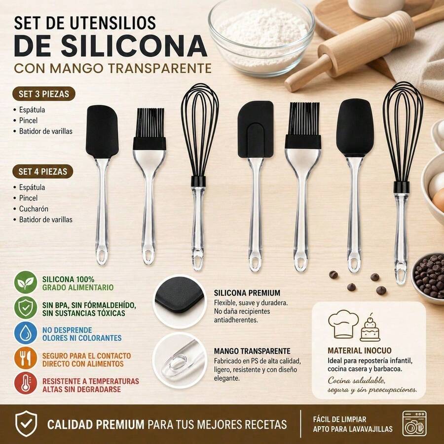 3-Piece Baking Set With Silicone Spatula, Pastry Brush And Whisk, Kitchen Utensils With Transparent PS Plastic Handle For Baking And Cooking - 無色 - 查看 1