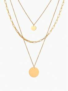 Vandermere 1pc Double Layer Stainless Steel Engraved Round Disc Plated Gold Chain Necklace - Round Plaque Without Words - View 2