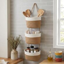 3-Tier Bohemian Neutral Color Hanging Basket - Woven Rope Wall Storage Rack With Space-Saving Vertical Storage, Bohemian Style, Suitable For Bathroom, Nursery, Kitchen, Bedroom - Multi-Room Hanging Storage Bin For Towels, Utensils - Multicolor - View 3