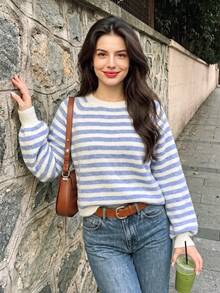 Aflion Women's Light Blue Cream Striped Knit Sweater, Crew Neck Raglan Long Sleeve Cropped Casual Pullover Fall Daily Tops - Blue and White - View 3