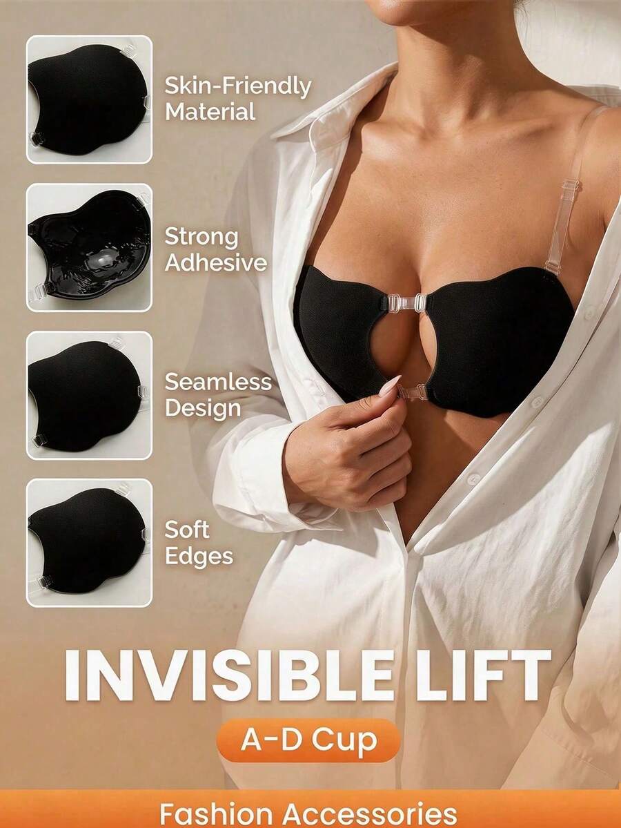 2pcs Adhesive Bra, Sticky Bra, Push-Up, Backless, Strapless, Front Closure, Transparent Straps, Reusable, Bridal Style, Invisible Lifting Bra - Thin style - View 1
