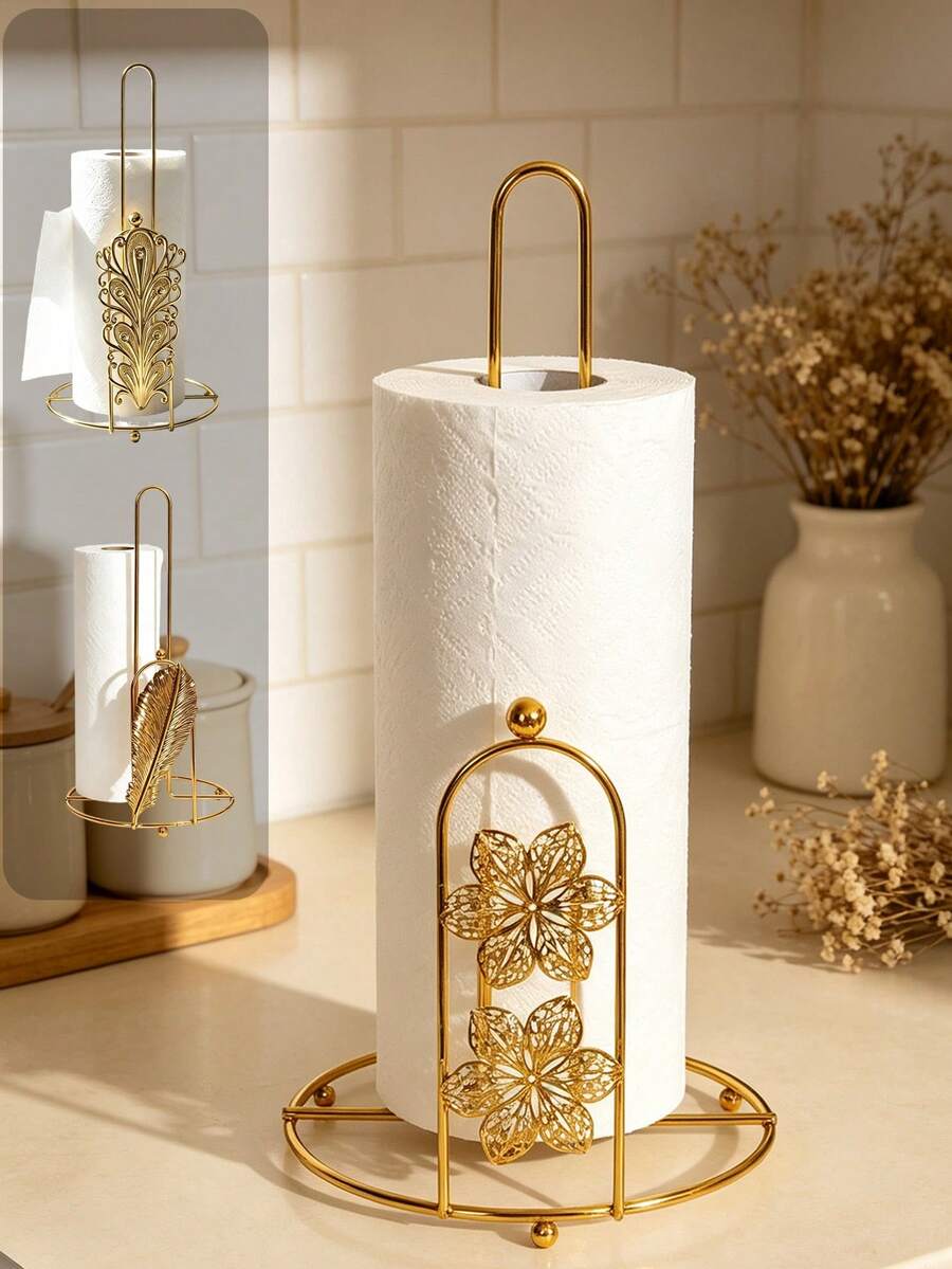 Luxury Iron Art Tabletop Paper Towel Holder, Freestanding Roll Storage Rack With Stable Round Base, Gold And Black, Suitable For Most Standard Kitchen Paper Towel Rolls - Multicolor - View 1