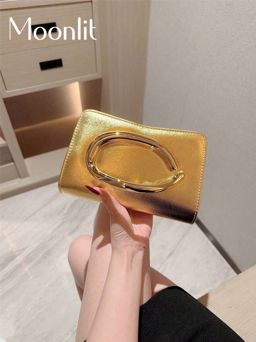 1件歐美時尚金屬裝飾迷你方盒手拿包，高端亮面金屬條飾女款手提包，優雅奢華正式禮服晚宴包，PU皮革派對包/浪漫婚禮手拿包/舞會包/雞尾酒會包，適合學校舞會，附金屬鏈條