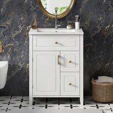 61 Cm Freestanding Vanity Unit In White With Ceramic Basin, Gold Handles, Flip-Out Drawer, Drawers, Side Shelf And Storage Under The Sink, Without Tap - 白色 - 查看 4