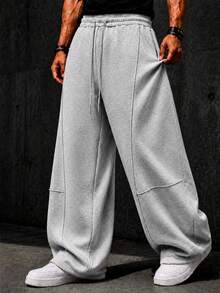 Men's Streetwear Loose Fit Sweatpants, Suitable For Casual Daily Wear, Elastic Waistband With Drawstring Closure - Grey - View 1