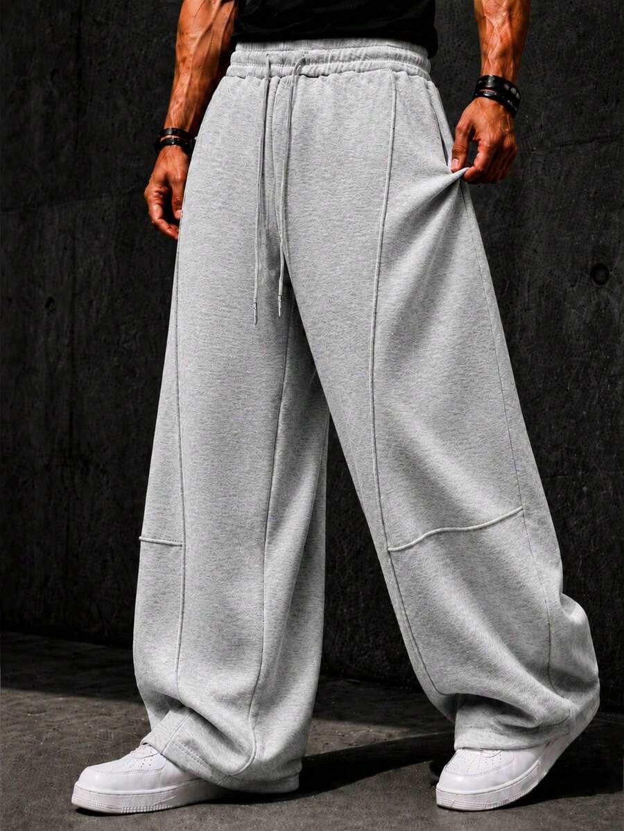 Men's Streetwear Loose Fit Sweatpants, Suitable For Casual Daily Wear, Elastic Waistband With Drawstring Closure - Grey - View 1