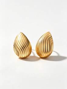 3-Piece Textured Gold Stud Earrings Set, Hypoallergenic 304 Stainless Steel, Includes Bow, Water Drop, Curved Earrings, Suitable For Casual, Office, Evening Wear - Gold - View 9