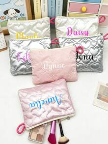 Personalized Custom Name Quilted Makeup Bag, Heart And Bow Embossed Cosmetic Pouch, Zipper Travel Storage Bag, Sanitary Napkin Bag, Custom Gift For Women - Multicolor - View 5