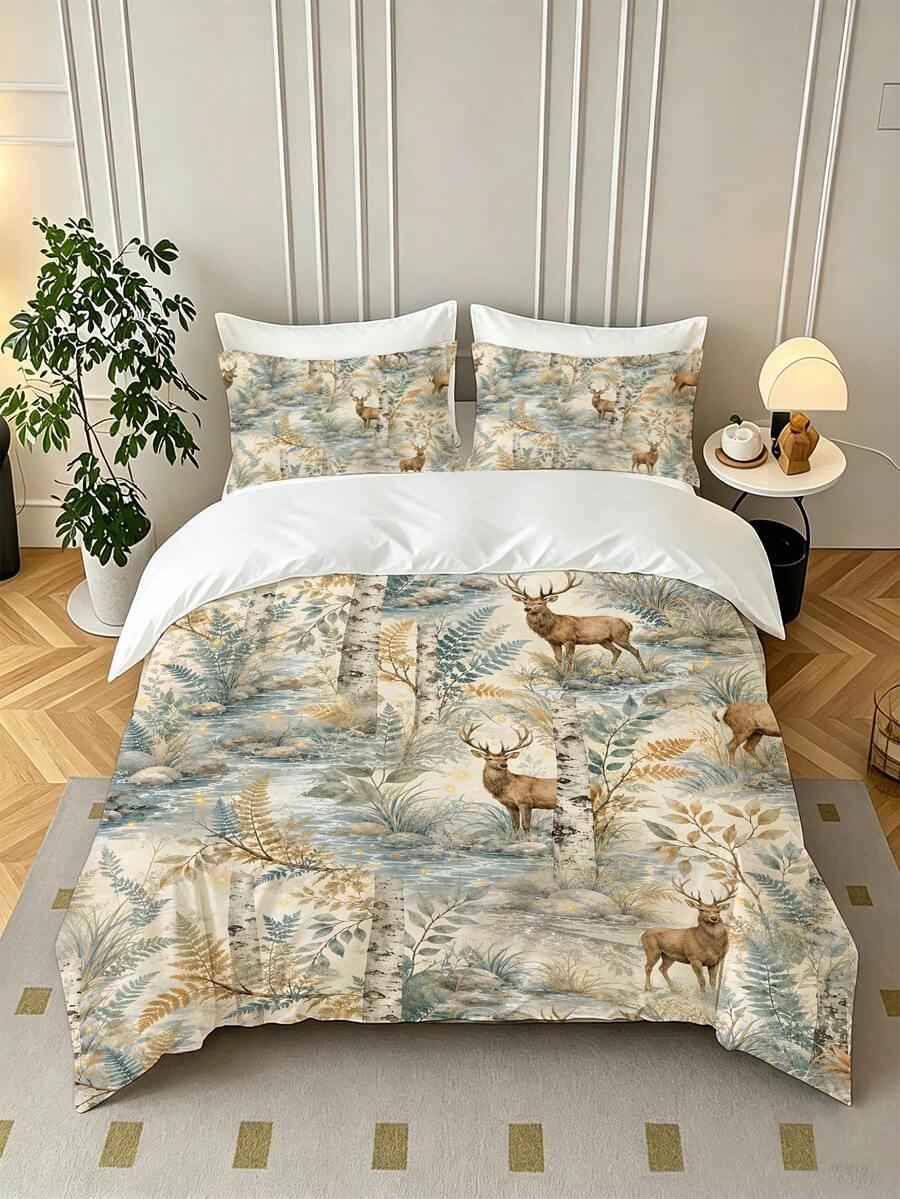 3PCS Watercolor Forest Deer Duvet Cover Set(1 Duvet Cover + 2 Pillowcases, Pillow Inserts Not Included), Birch Tree Stream Botanical Leaf Print Bedding Set, Soft Polyester Comforter Cover With Pillowcases, Nature Wilderness Themed Bed Linens - Multicolor - View 1