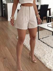 Women's Elegant Pleated Apricot Striped Shorts, Fashion Straight Leg Non-Stretch With Pockets, Commute Striped Shorts, Office Versatile Shorts - White - View 5