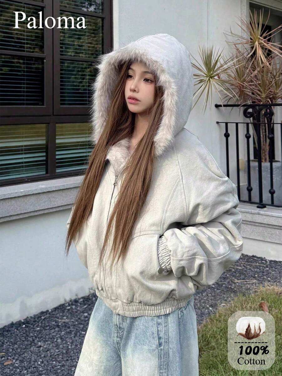 水洗短款美式休闲街头风羽绒服,带可拆卸领子,解构主义风格,冬季街头服饰 - 灰 - 查看 1