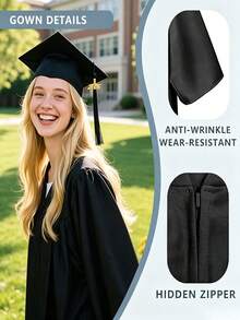 Unisex Graduation Gown Set, Black Bachelor's Robe With Square Graduation Cap And Tassel, Zipper Design, Smooth And Draping Fabric, Suitable For High School And University Graduation Ceremonies, Graduation Portraits, Graduation Theme Party Outfits, Multiple Sizes Available, Student Graduation Photo Clothing, Loose And Comfortable, Neat Craftsmanship, Graduation Ceremony Portraits, Campus Memorial Photography Graduation Set, Halloween - Black - View 6