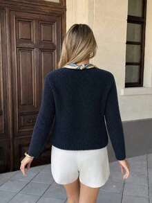 Atasan Sweater Lengan Panjang Kancing Warna Polos Elegan untuk Wanita, Model Terbaru Musim Gugur/Dingin - Royal Blue - View 3