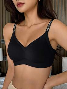 DAZY Non-Underwire Jelly Soft Support Camisole Lettered Shoulder Strap Anti-Sagging Racerback Seamless Bra - Black - View 1