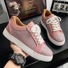 Sepatu Sneakers Pria dan Wanita Model Low Top Bertali dengan Hiasan Berlian Imitasi dan Patchwork, Sol Tebal, Sepatu Kasual Cocok untuk Perjalanan Sehari-hari, Gaya Jalanan, dan Jalan-jalan Akhir Pekan - Berwarna merah muda - View 7
