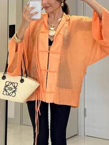 New Fashion Elegant Solid Color Women's Vintage Shirt, Home Wear, All Season Top - Orange - View 3
