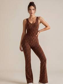 Women's Shaping Jumpsuit Leopard Print Twisted Cross Backless Design Seamless Yoga Wear Daily Outfit Halloween Sports - Brown - View 2