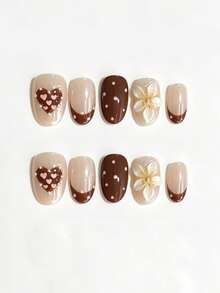 10pcs Chocolate Brown Sweetheart Dot Nail Art With Glitter And Embossing Small Flowers French Short Nails - Simple And Elegant Formal Commute Winter Autumn Style Detachable Handmade Nail Art - Multicolor - View 1