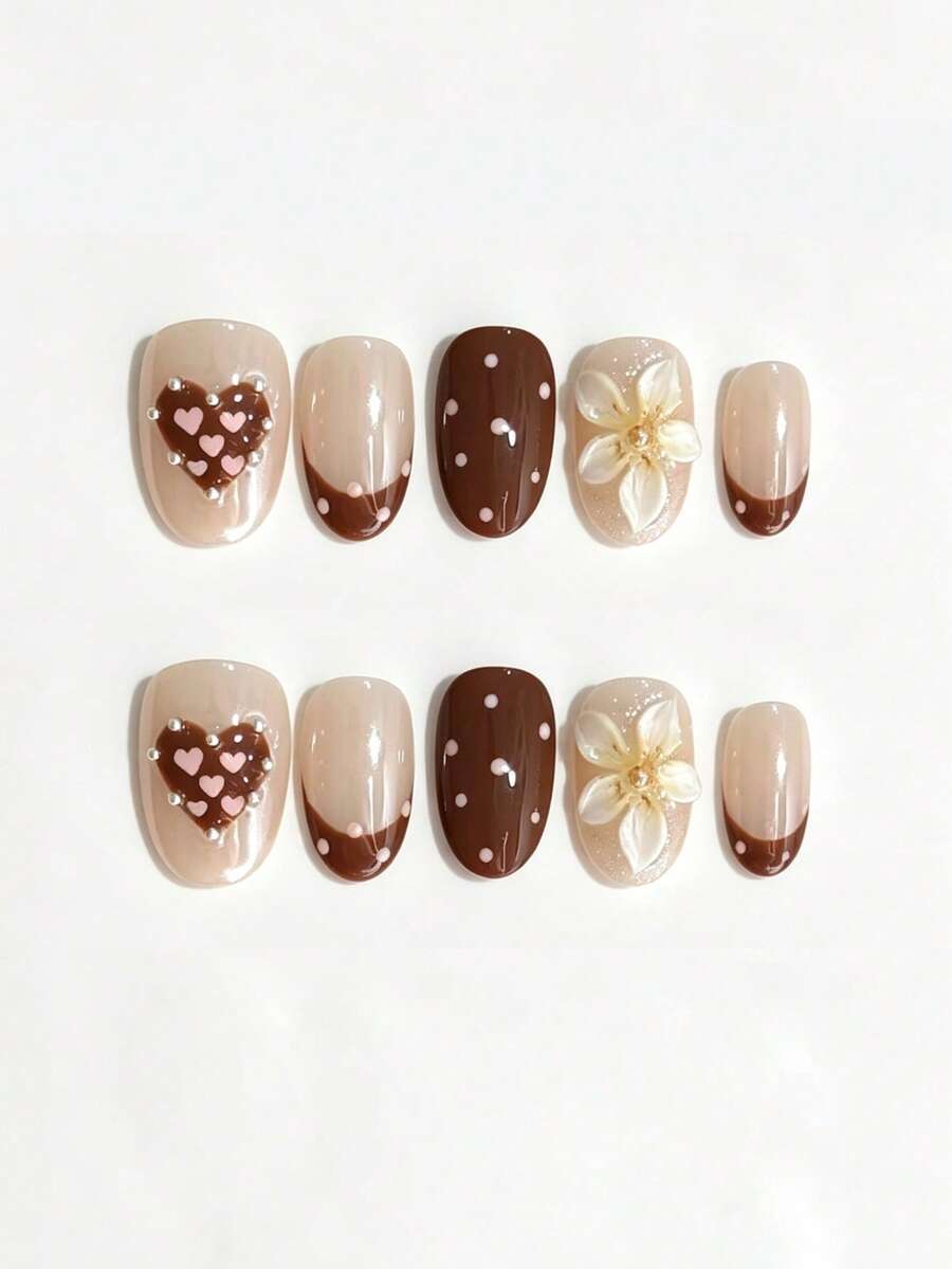 10pcs Chocolate Brown Sweetheart Dot Nail Art With Glitter And Embossing Small Flowers French Short Nails - Simple And Elegant Formal Commute Winter Autumn Style Detachable Handmade Nail Art - Multicolor - View 1