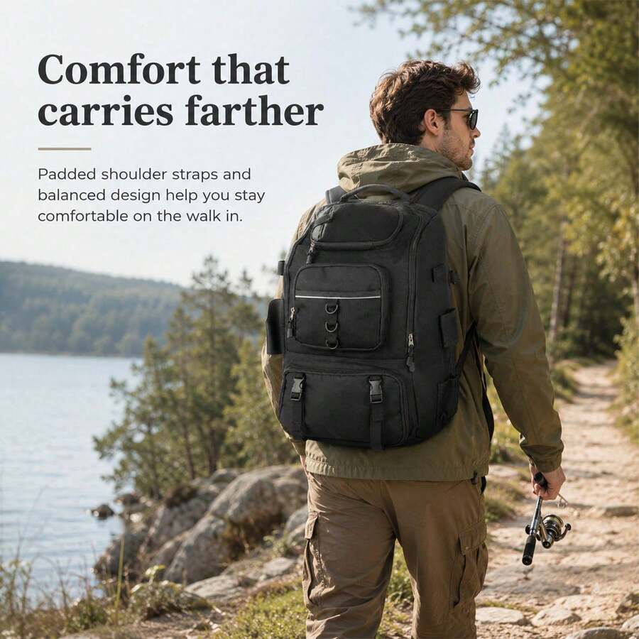 Feature‑Rich Fishing Gear Daypack, Multi‑Pocket Storage Rucksack For Organizing Angling Supplies In Different Outdoor Activity Scenarios - Black - View 1