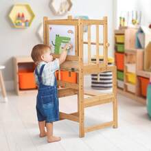 Torre multifuncional 3 en 1 para niños pequeños, taburete de cocina con pizarrón blanca, mesa de computadora y silla, disfruta de un diseño patentado único, CPC, Clase, CE natural - Amarillo - Ver 2