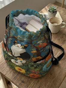 1PC Drawstring Backpack, Drawstring Sack, Sports Backpack, Large‑Capacity Lightweight Style, Outdoor & Fitness Storage Bag, Cat‑Pattern Printed, Convenient For Storing Sports Gears And Changing Clothes - Flower Kitten 8401837 - View 2